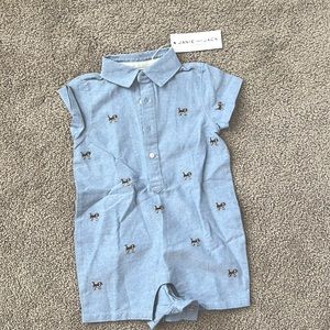 Janie and Jack chambray romper with embroidered dog design. 6-12 months